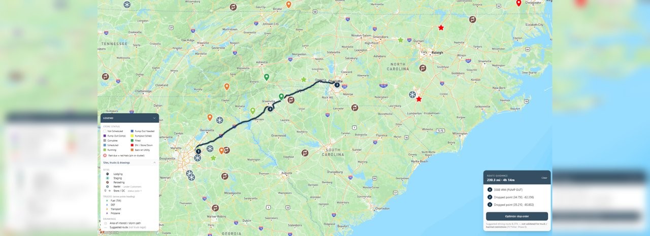 Fuel Gal dispatch map showing storm sites, trucks, and route guidance